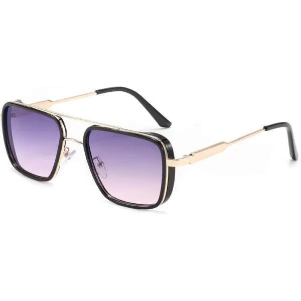 FEISEDY Sunglasses Men Women Vintage Aviator Square Trendy Metal Steampunk Fishing Driving Sun Glasses B0114Purple Pink Lenses With Gold Temples 003