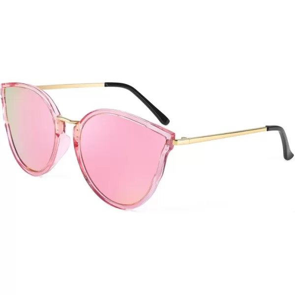 FEISEDY Vintage Polarized Cat Eye Sunglasses for Women Oversized Round Sunglasses Anti Glare B7000Pink Mirrored