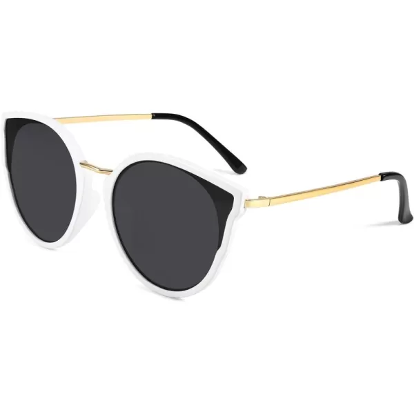 FEISEDY Vintage Polarized Cat Eye Sunglasses for Women Oversized Round Sunglasses Anti Glare B7000White