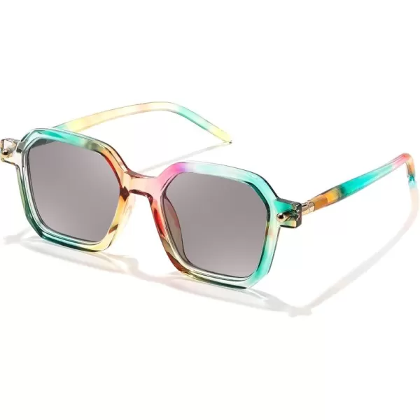 FEISEDY Vintage Square Sunglasses Men Women Classic Retro Trendy Large Frame UV400 Sun Glasses B0154002 Rainbow  Light Grey