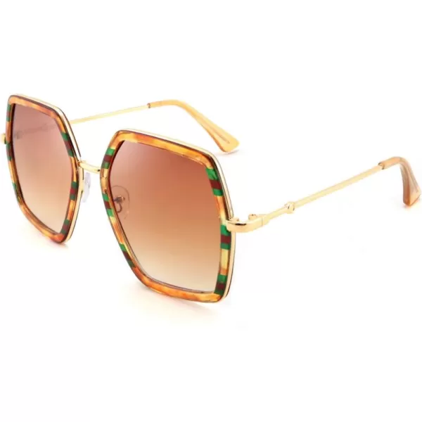 FEISEDY Women Large Hexagon Inspired Sunglasses Fashion Irregular Design Style Geometric B2503Amber With Red Green Stripes