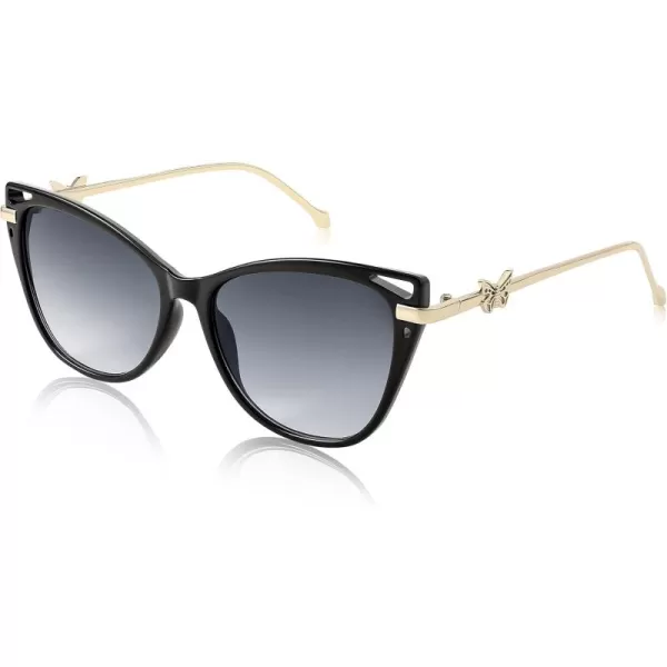 FEISEDY Women Trendy Oversized Cat Eye Sunglasses Metal Temple with Butterfly Decoration Gradient Lens Sunglasses B2314Black Frame  Grey Gradient Lens