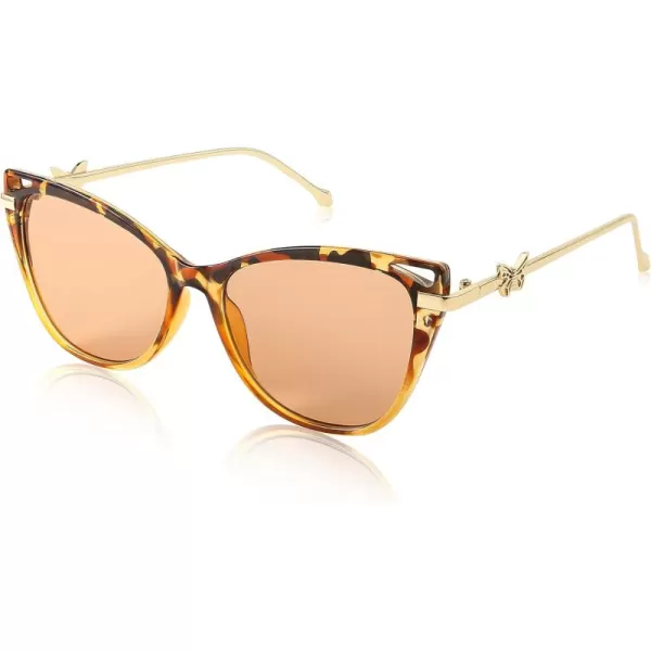 FEISEDY Women Trendy Oversized Cat Eye Sunglasses Metal Temple with Butterfly Decoration Gradient Lens Sunglasses B2314Brown Leopard Frame  Champagne Lens