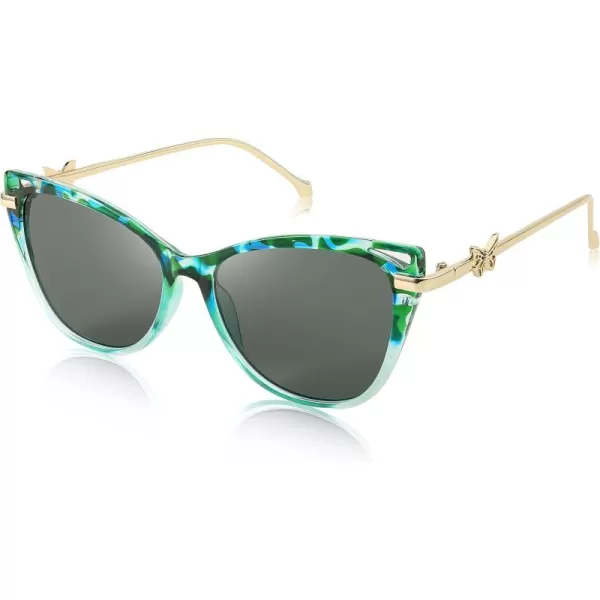 FEISEDY Women Trendy Oversized Cat Eye Sunglasses Metal Temple with Butterfly Decoration Gradient Lens Sunglasses B2314Green Floral Frame  Grey Lens