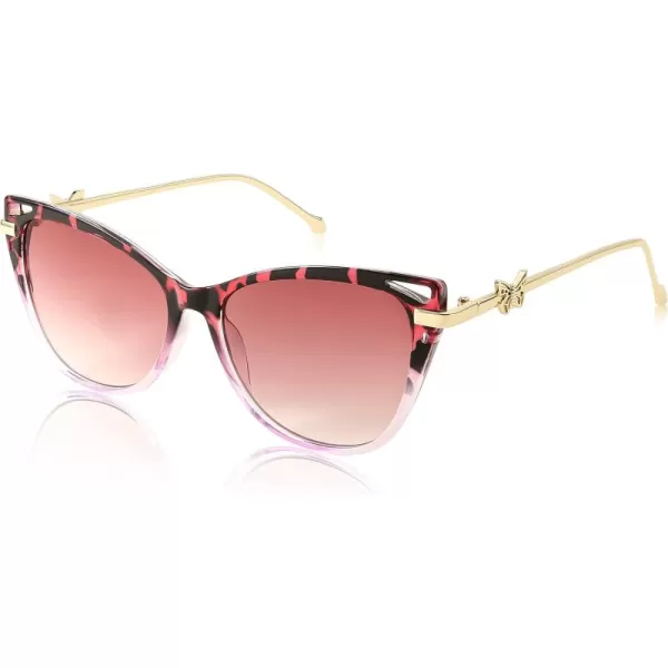 FEISEDY Women Trendy Oversized Cat Eye Sunglasses Metal Temple with Butterfly Decoration Gradient Lens Sunglasses B2314Pink Leopard Frame  Gradient Lens
