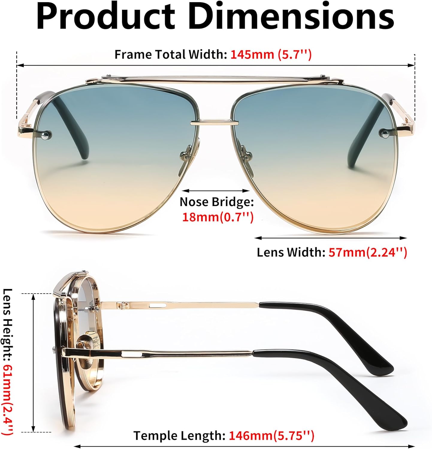 FEISEDY Oversized Aviator Sunglasses for Men Women Vintage Sun Glasses Metal Frame Gradient Shades B0105Gold FrameGradient Blue Lens