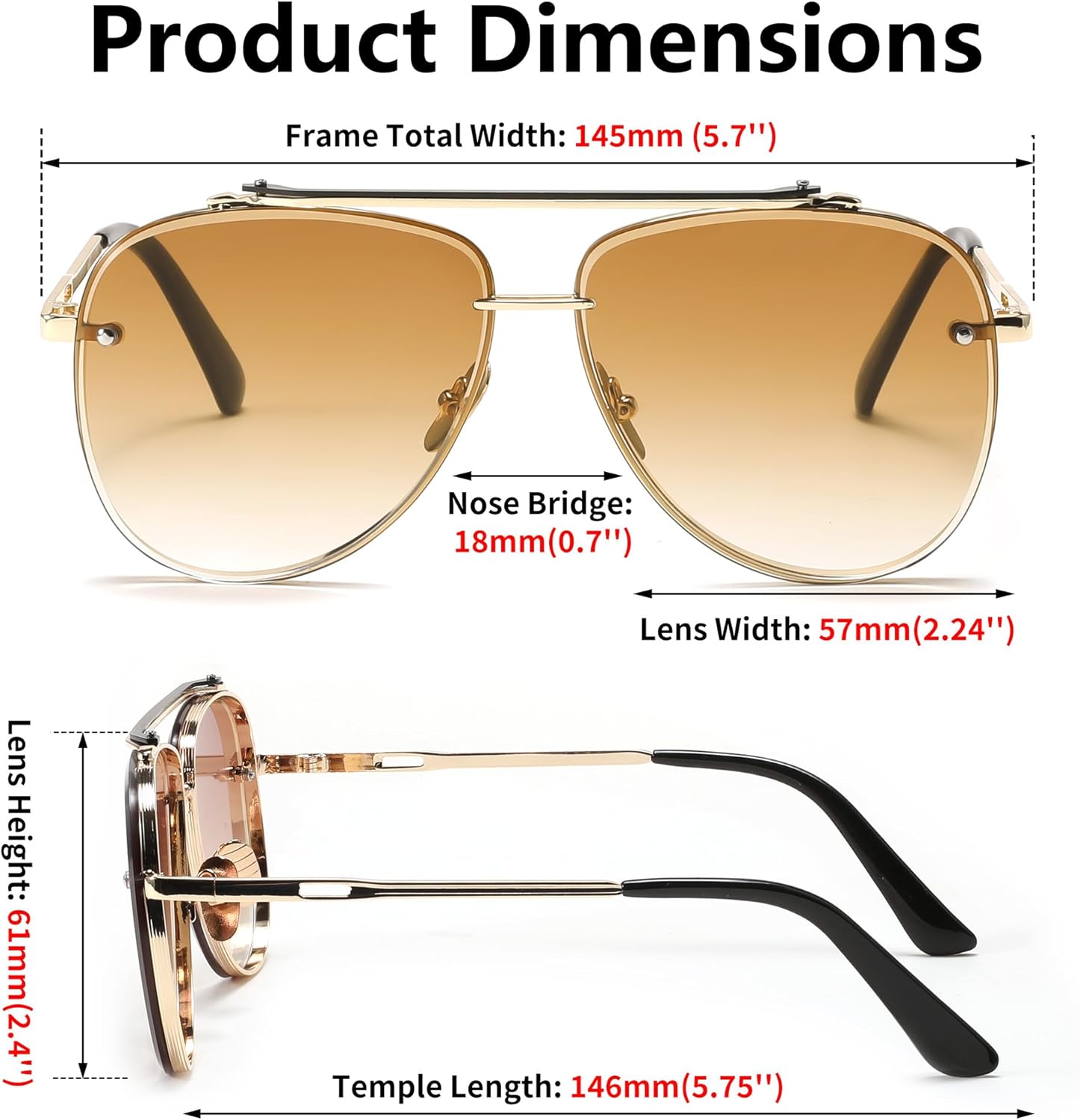 FEISEDY Oversized Aviator Sunglasses for Men Women Vintage Sun Glasses Metal Frame Gradient Shades B0105Gold FrameGradient Brown Lens