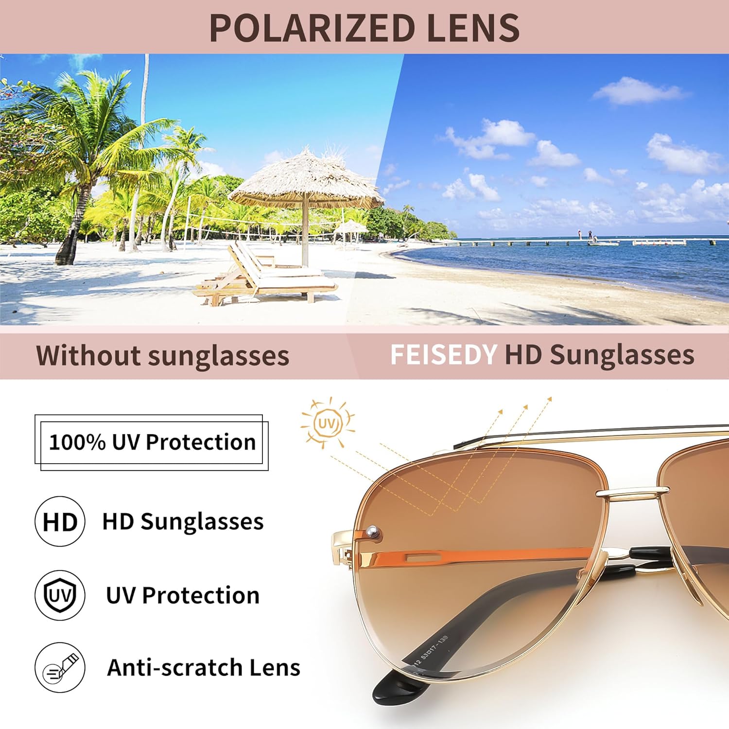 FEISEDY Oversized Aviator Sunglasses for Men Women Vintage Sun Glasses Metal Frame Gradient Shades B0105Gold FrameGradient Brown Lens