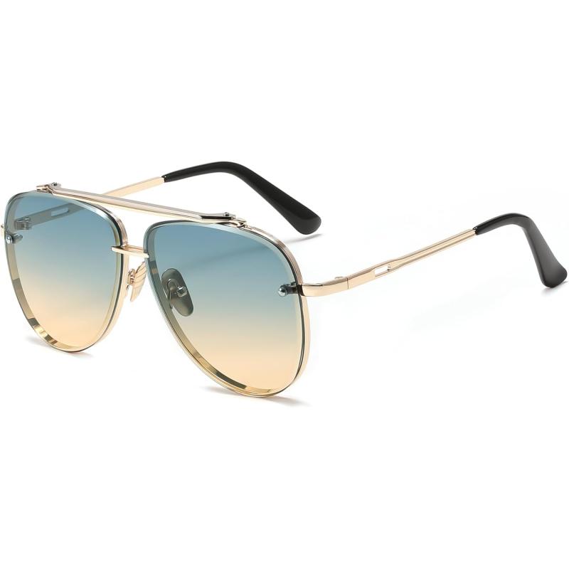 FEISEDY Oversized Aviator Sunglasses for Men Women Vintage Sun Glasses Metal Frame Gradient Shades B0105Gold FrameGradient Blue Lens