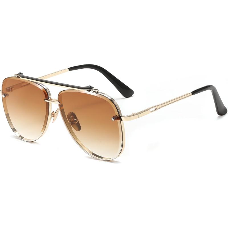 FEISEDY Oversized Aviator Sunglasses for Men Women Vintage Sun Glasses Metal Frame Gradient Shades B0105Gold FrameGradient Brown Lens