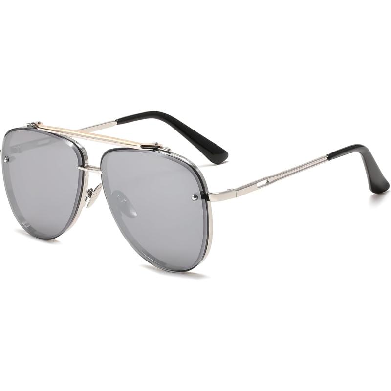 FEISEDY Oversized Aviator Sunglasses for Men Women Vintage Sun Glasses Metal Frame Gradient Shades B0105Silver FrameSilver Lens