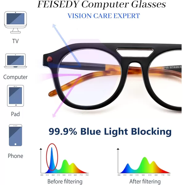 FEISEDY 70s Aviator Blue Light Blocking Glasses Square Pilot Frame Anti Glare Computer Glasses Women Men B0052002  Black Leopard