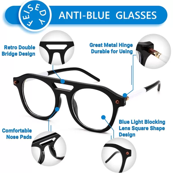 FEISEDY 70s Aviator Blue Light Blocking Glasses Square Pilot Frame Anti Glare Computer Glasses Women Men B0052005  Black White