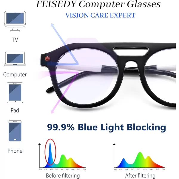 FEISEDY 70s Aviator Blue Light Blocking Glasses Square Pilot Frame Anti Glare Computer Glasses Women Men B0052005  Black White
