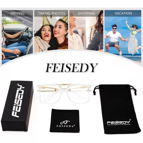 FEISEDY 80s Square Oversized Womens Mens Sunglasses 90s Hip Hop Costume for Rapper DJ Girls B9057Transparent Frame