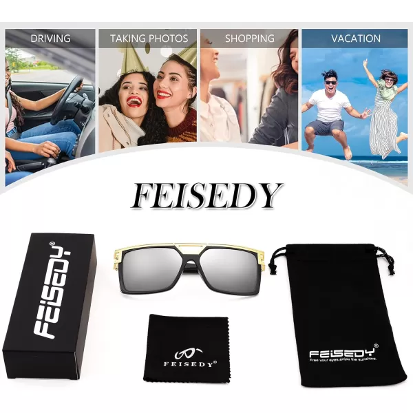 FEISEDY 80s Square Oversized Womens Mens Sunglasses 90s Hip Hop Costume for Rapper DJ Girls B9057White Mirror