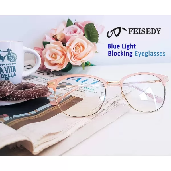 FEISEDY Blue Light Blocking Computer Eyeglasses Anti Blue Light Retro Semi Rimless Eyewear B2456Pinkgold