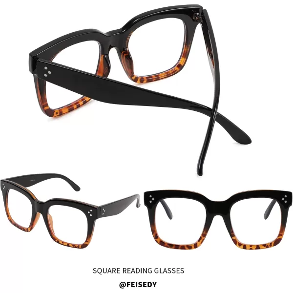 FEISEDY Blue Light Blocking Reading Glasses Oversized Readers Designer Luxury Square Eyewear Frame B2695FRBlack Gradient Leopard Frame