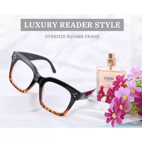 FEISEDY Blue Light Blocking Reading Glasses Oversized Readers Designer Luxury Square Eyewear Frame B2695FRBlack Gradient Leopard Frame