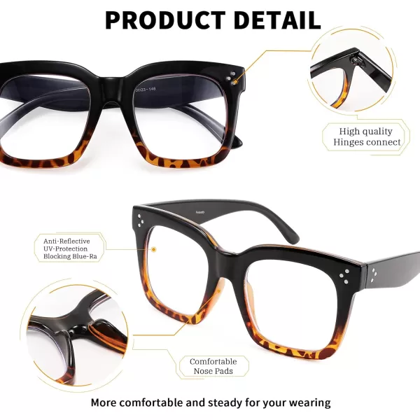 FEISEDY Blue Light Blocking Reading Glasses Oversized Readers Designer Luxury Square Eyewear Frame B2695FRBlack Gradient Leopard Frame