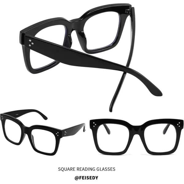 FEISEDY Blue Light Blocking Reading Glasses Oversized Readers Designer Luxury Square Eyewear Frame B2695FRBright Black Frame