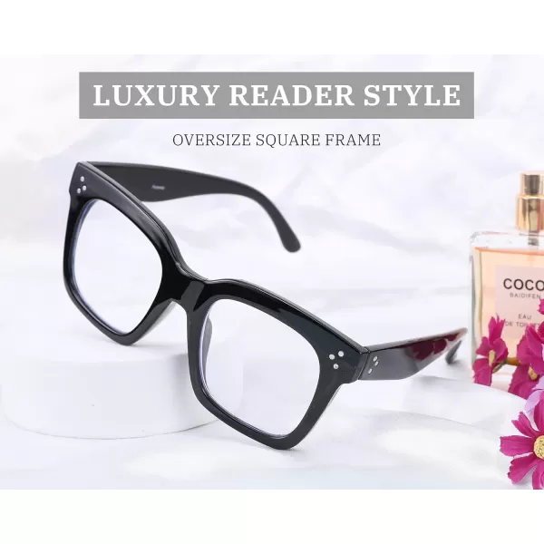 FEISEDY Blue Light Blocking Reading Glasses Oversized Readers Designer Luxury Square Eyewear Frame B2695FRBright Black Frame