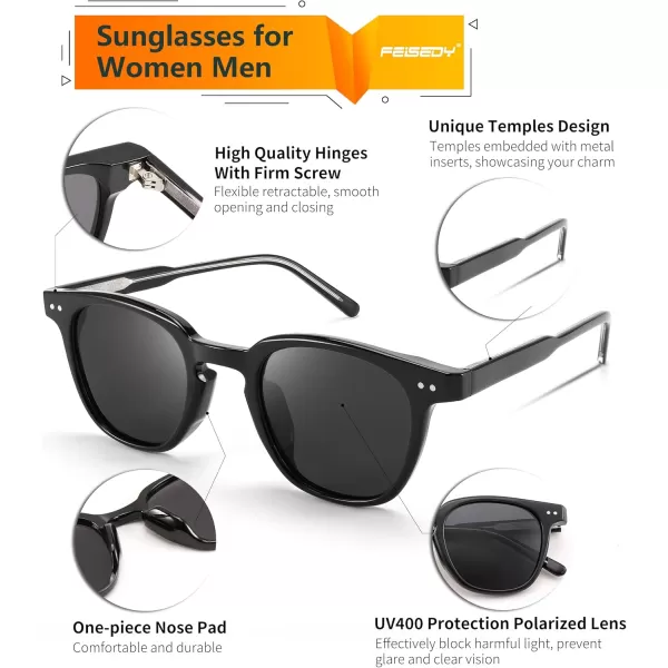 FEISEDY Classic Polarized Sunglasses Retro Round Sunglasses for Women Men Trendy Shades B0002001 Black FrameGray Lens