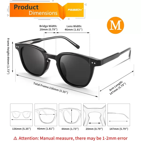 FEISEDY Classic Polarized Sunglasses Retro Round Sunglasses for Women Men Trendy Shades B0002001 Black FrameGray Lens