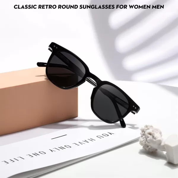 FEISEDY Classic Polarized Sunglasses Retro Round Sunglasses for Women Men Trendy Shades B0002001 Black FrameGray Lens