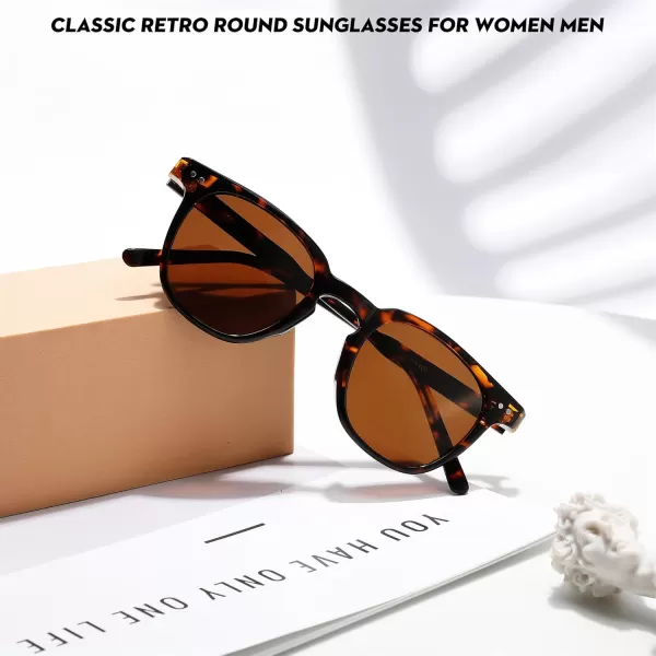 FEISEDY Classic Polarized Sunglasses Retro Round Sunglasses for Women Men Trendy Shades B0002002 Leopard FrameBrown Lens