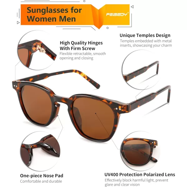 FEISEDY Classic Polarized Sunglasses Retro Round Sunglasses for Women Men Trendy Shades B0002002 Leopard FrameBrown Lens
