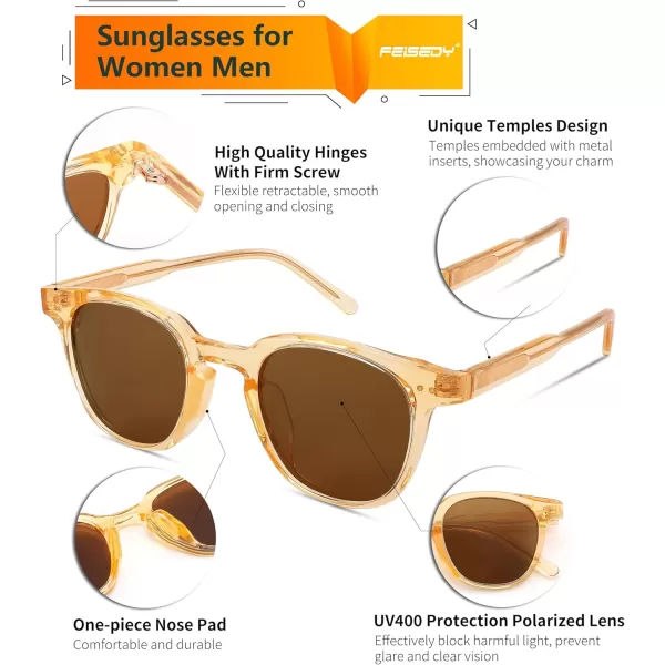 FEISEDY Classic Polarized Sunglasses Retro Round Sunglasses for Women Men Trendy Shades B0002003 Champagne FrameBrown Lens