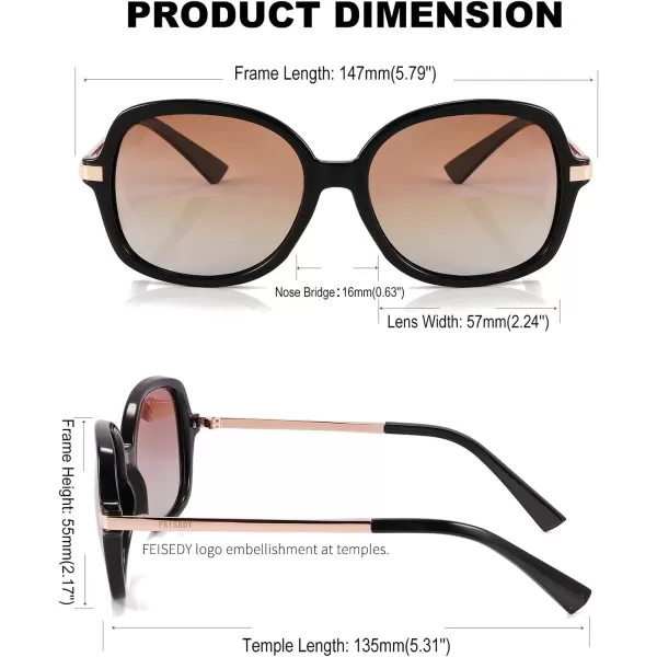 FEISEDY Classic Womens Elegant Polarized Sunglasses Ladies Wide Square Sunglasses Shades B2683Black Frame Dark Brown Gradient Lens