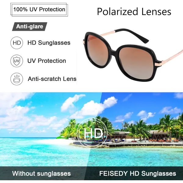FEISEDY Classic Womens Elegant Polarized Sunglasses Ladies Wide Square Sunglasses Shades B2683Black Frame Dark Brown Gradient Lens