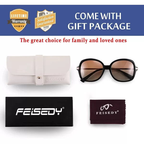 FEISEDY Classic Womens Elegant Polarized Sunglasses Ladies Wide Square Sunglasses Shades B2683Black Frame Dark Brown Gradient Lens