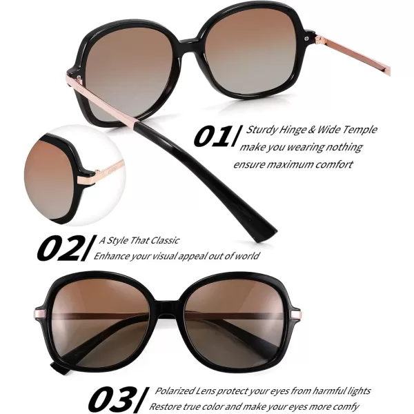 FEISEDY Classic Womens Elegant Polarized Sunglasses Ladies Wide Square Sunglasses Shades B2683Black Frame Dark Brown Gradient Lens