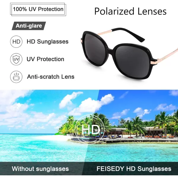 FEISEDY Classic Womens Elegant Polarized Sunglasses Ladies Wide Square Sunglasses Shades B2683BlackGrey