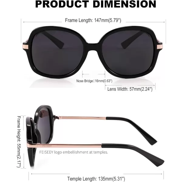 FEISEDY Classic Womens Elegant Polarized Sunglasses Ladies Wide Square Sunglasses Shades B2683BlackGrey