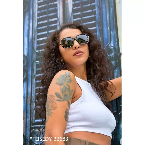 FEISEDY Classic Womens Elegant Polarized Sunglasses Ladies Wide Square Sunglasses Shades B2683BlackGrey