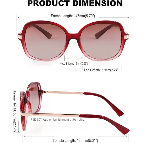 FEISEDY Classic Womens Elegant Polarized Sunglasses Ladies Wide Square Sunglasses Shades B2683Crystal BurgundyBrown Gradient