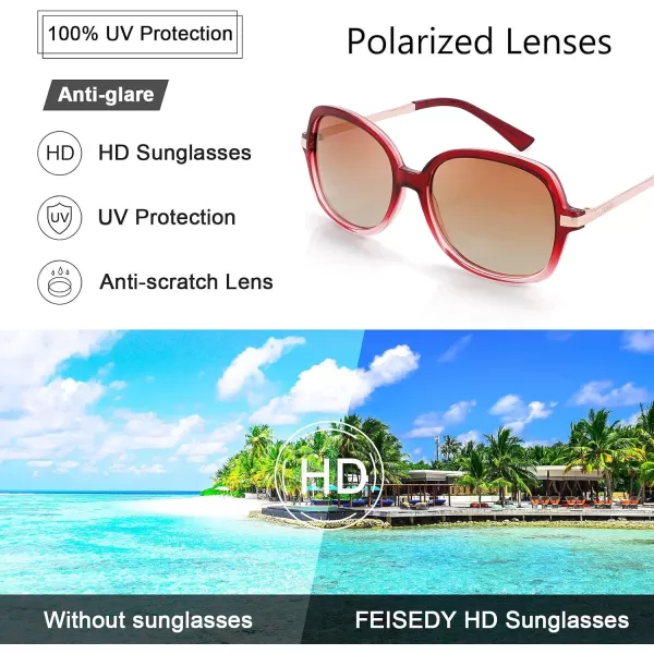 FEISEDY Classic Womens Elegant Polarized Sunglasses Ladies Wide Square Sunglasses Shades B2683Crystal BurgundyBrown Gradient