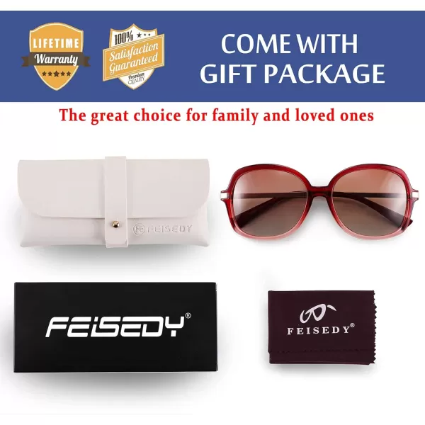 FEISEDY Classic Womens Elegant Polarized Sunglasses Ladies Wide Square Sunglasses Shades B2683Crystal BurgundyBrown Gradient