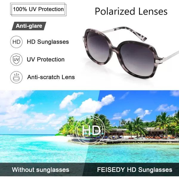 FEISEDY Classic Womens Elegant Polarized Sunglasses Ladies Wide Square Sunglasses Shades B2683Grey MarblingGradient Grey