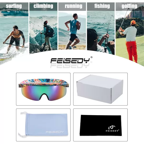 FEISEDY Cycling Sports Sunglasses Visor Protective Sun Glasses for Men Women Hip Hop Graffiti Frame B9063Yellow Pattern Frame  Blue Mirrored Lens