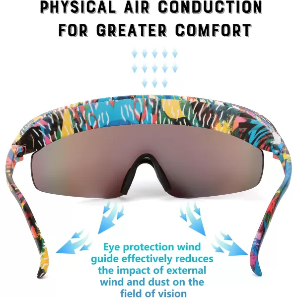 FEISEDY Cycling Sports Sunglasses Visor Protective Sun Glasses for Men Women Hip Hop Graffiti Frame B9063Yellow Pattern Frame  Blue Mirrored Lens