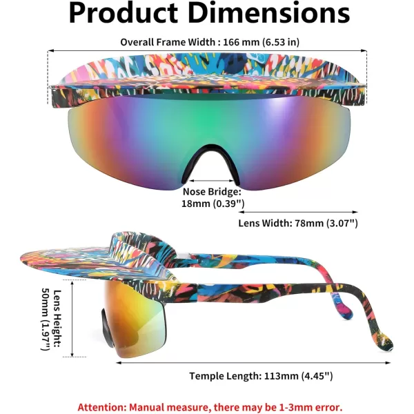 FEISEDY Cycling Sports Sunglasses Visor Protective Sun Glasses for Men Women Hip Hop Graffiti Frame B9063Yellow Pattern Frame  Blue Mirrored Lens