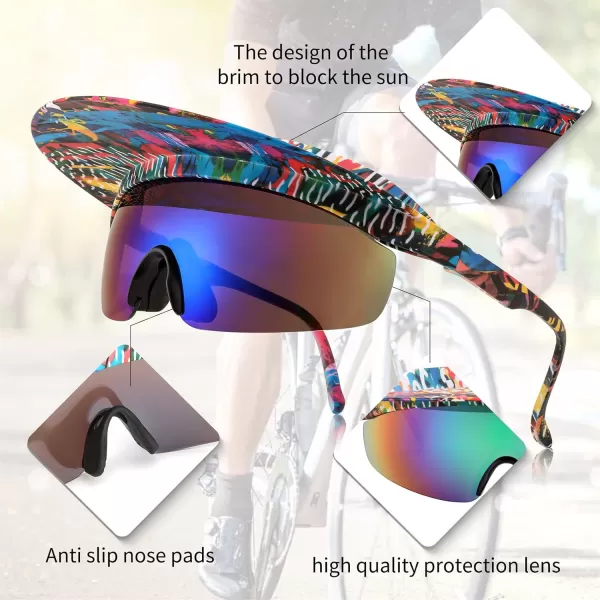 FEISEDY Cycling Sports Sunglasses Visor Protective Sun Glasses for Men Women Hip Hop Graffiti Frame B9063Yellow Pattern Frame  Blue Mirrored Lens