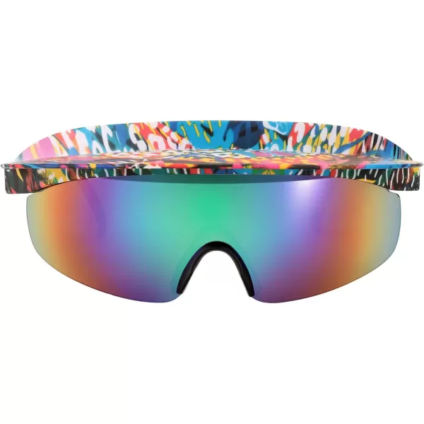 FEISEDY Cycling Sports Sunglasses Visor Protective Sun Glasses for Men Women Hip Hop Graffiti Frame B9063Yellow Pattern Frame  Blue Mirrored Lens