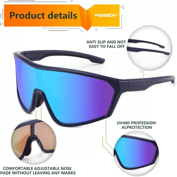 FEISEDY Cycling Sunglasses Men Women UV400 Protection for Baseball Cycling Sun Glasses Youth 812 B0085Blue Mirrored Lenses Black Frame