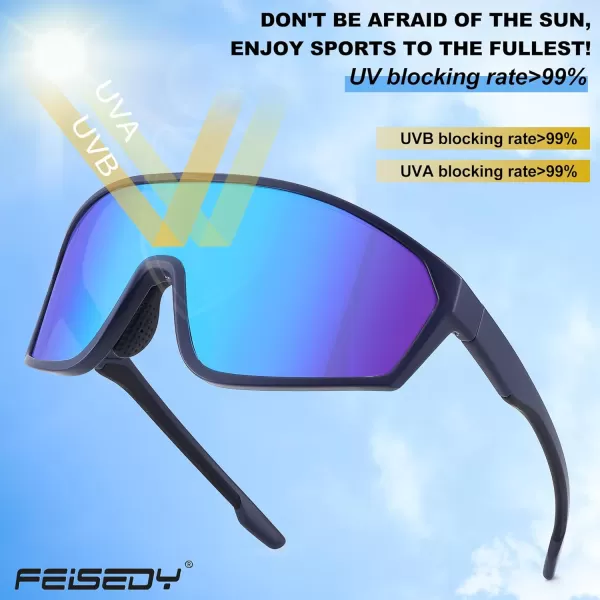 FEISEDY Cycling Sunglasses Men Women UV400 Protection for Baseball Cycling Sun Glasses Youth 812 B0085Blue Mirrored Lenses Black Frame
